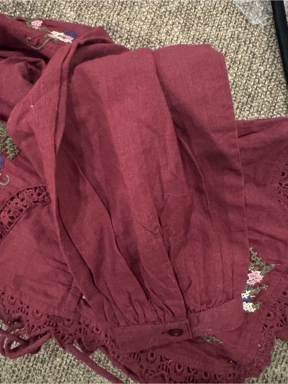 Jennifer & grace Embroidered Tie-Front Peplum Top - Burgundy long sleeve size S - Picture 12 of 12